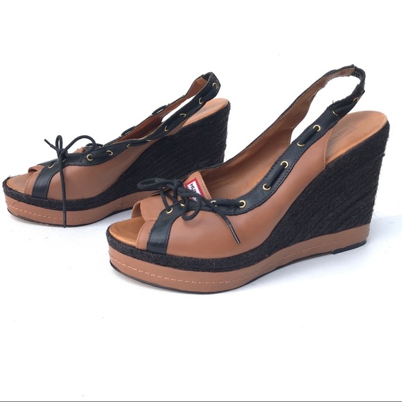 HUNTER boot wedge Sandals shoes 8 1/2 tie peep toe - Picture 3 of 8